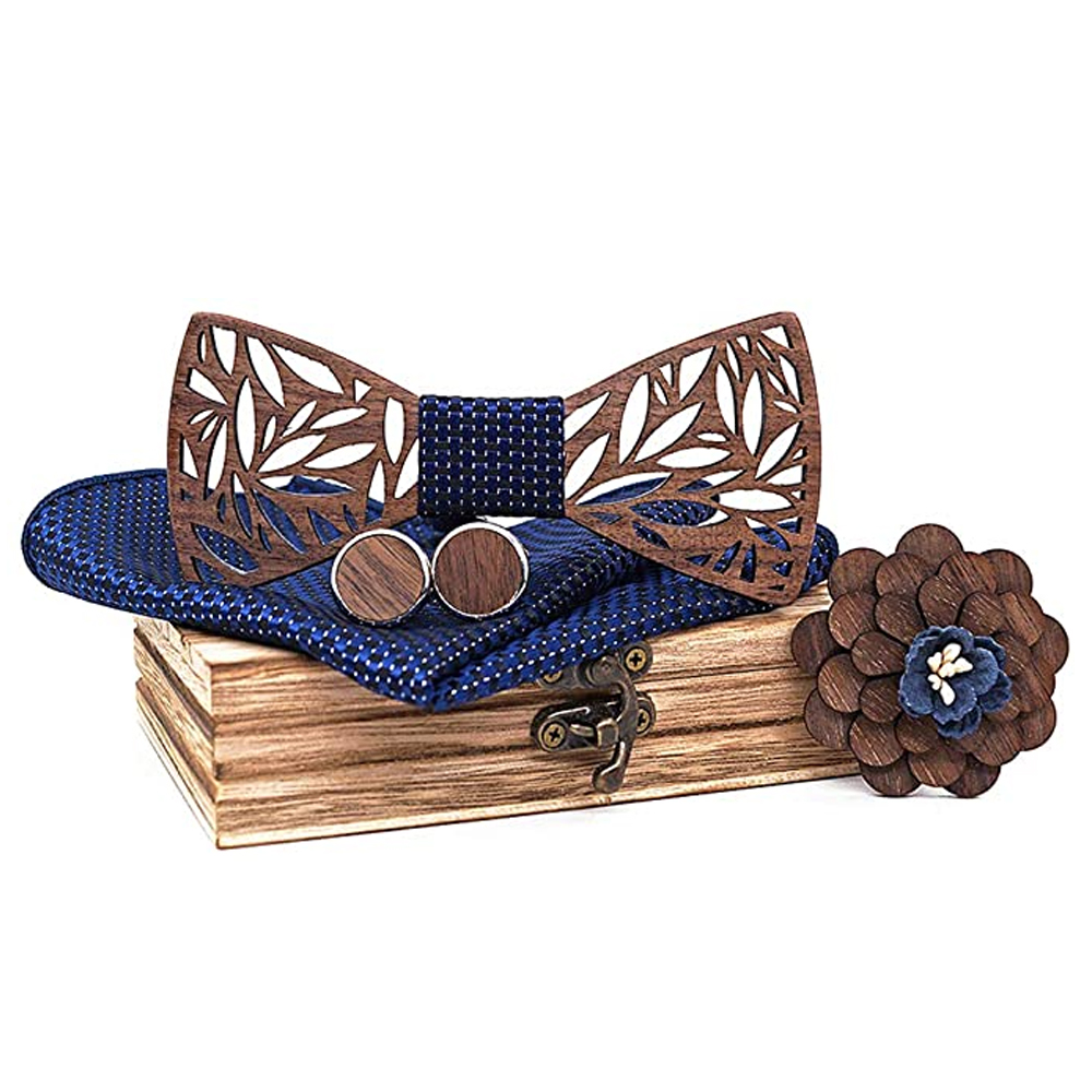 Premium Wood Bow Tie Set - Handmade Black Walnut Bow Tie with Matching Accessories (Blue/Silver/Black) - Blue